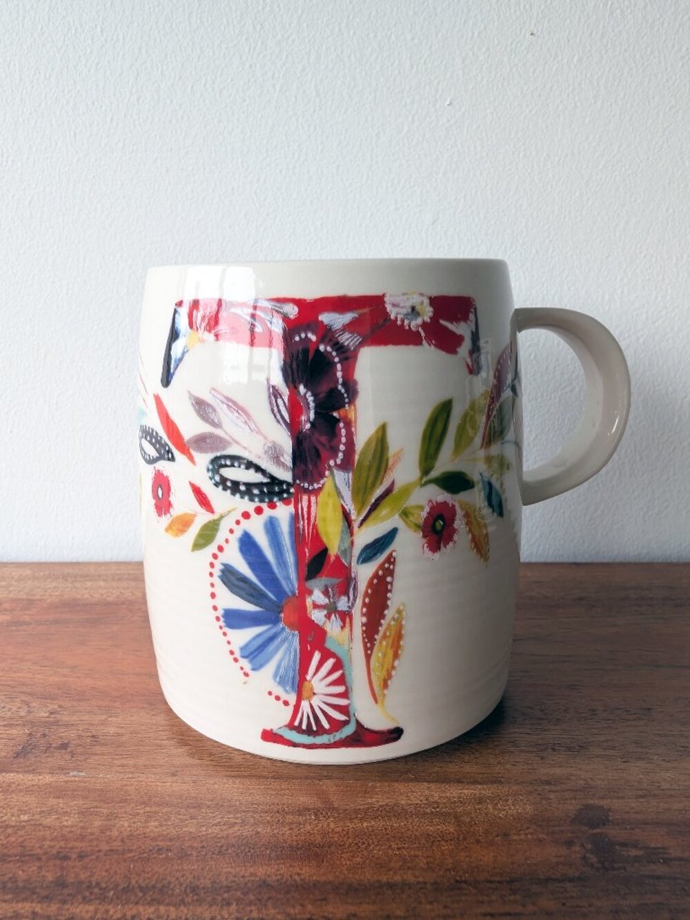 Anthropologie Starla M. Halfmann “Petal Palette” Floral Monogram Letter “T” Mug